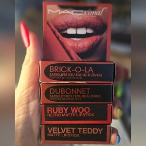 Four New Mac Mini Lipsticks- Brickola,  Dubonnet, Ruby Woo, & Velvet Teddy